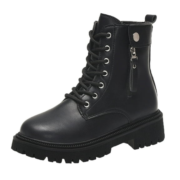 Black Female Chunky Heel Boots With Lace-Up And Side Zipper For A Fashionable And Practical Wear