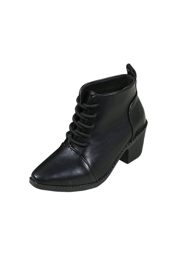 Black Female Everyday Chic Seasonal Fleece Insulated Short Boots Featuring Sharp Toe Front Ties Mid Height Heel Ankle Length Ideal For Various Occasions