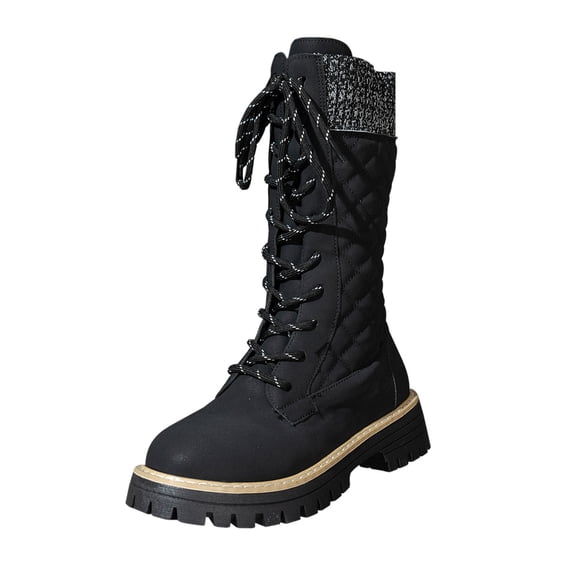 Black Fashionable Women'S Casual Winter Mid Calf Boots Fleece Lined Warm Round Toe Front Lace Side Zipper Low Chunky Heel Comfortable For Outdoor Indoor Daily Wear Us Size 7.5 Weight 1.59
