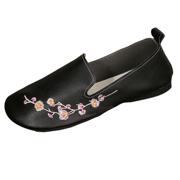 Black Female Fashion Flat Shoes Featuring Round Toe Floral Design For Outdoor Leisure Activities