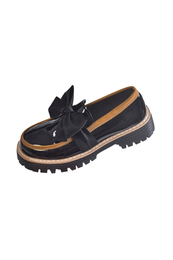 Black Female Fashion Loafers Featuring Bow Detail Chunky Heel Accommodates Larger Sizes In Dark Hue Comfortable For Long Periods Of Wear