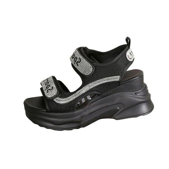 Black Female Fashion Sandals With Rhinestone And Wedge Heel For Comfortable Use In Various Settings