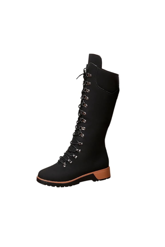 Black Female Fashion Winter Boots With Lace-Up Detail And Western Style For Leisure Wear