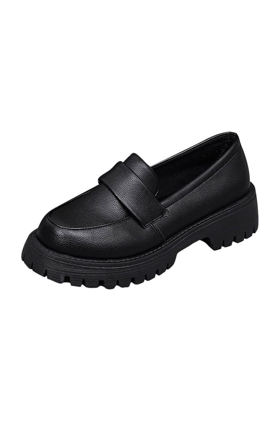 Black Female Four Season Loafers Solid Color Round Toe Thick Heel Low Heel For Everyday Use And Comfort