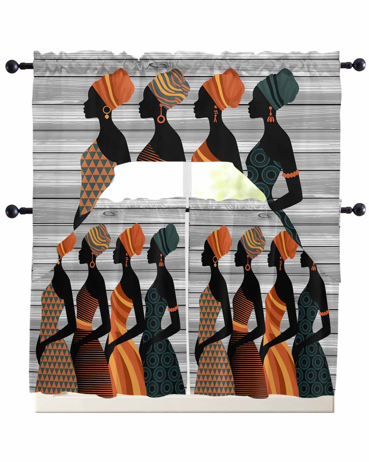 Black Female Kitchen Curtains Sets 24 Inch Length with Valance, African