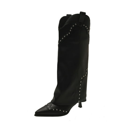 Black Female Knee High Boots With Pointed Toe And High Heel For Daily Use And Casual Style