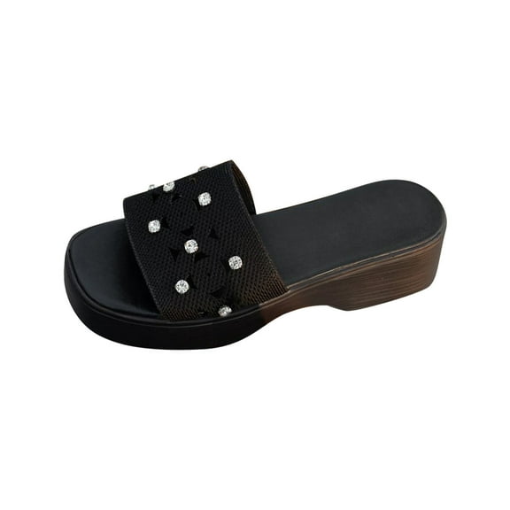 Black Female Lazy Slip On Thick Soled Slippers With Fish Mouth Open Toe And Rhinestone For Outdoor And Indoor Occasions Made From Pu For Leisure Time