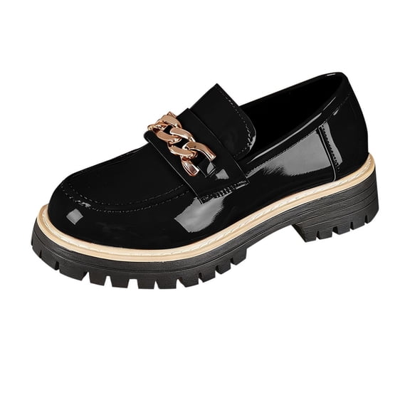Black Female Leisure Shoes Round Toe Metal Chain Low Top British Style Mid Heel For Outdoor Use