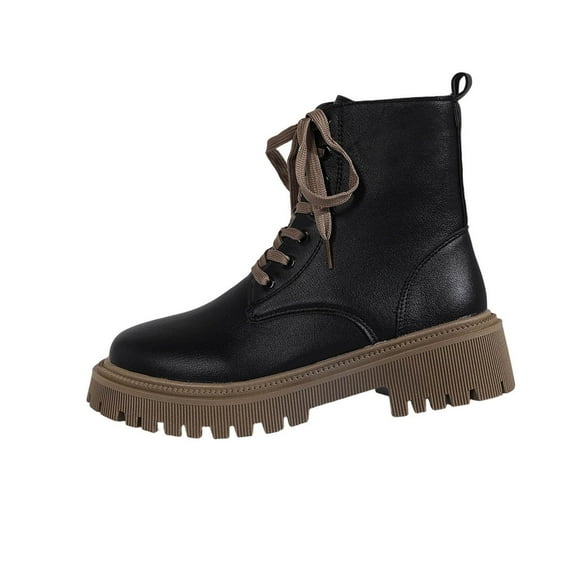 Black Female Leisure Winter Ankle Footwear With Round Toe Side Zipper And Front Lace-Up Low Heel For Relaxed Lifestyles