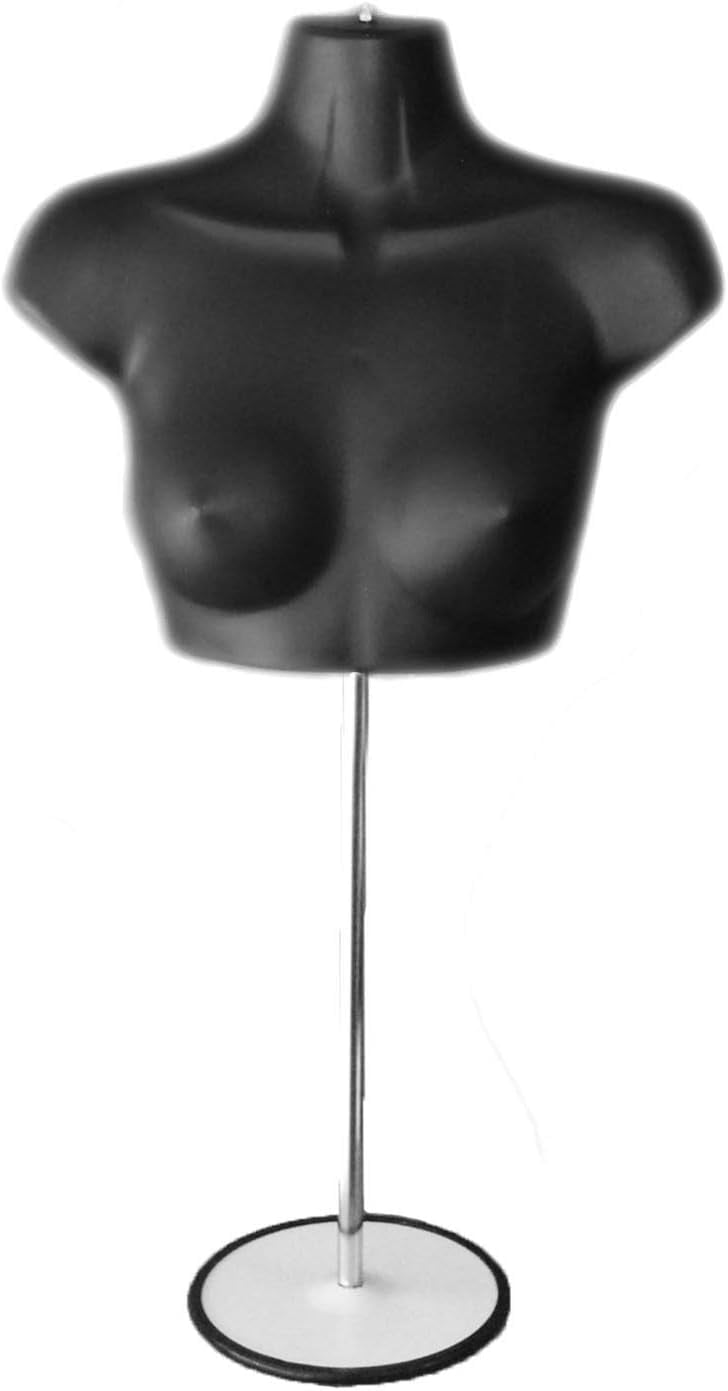 Black Female Mannequin Chest Long Hollow Back Body Torso Set w/ Metal Stand with Metal Pole & Hanging Hook, S-M Size (1)