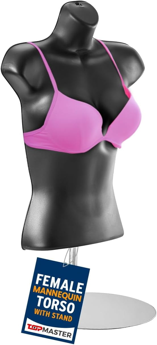 Black Female Mannequin Torso with Metal Stand, Hollow Back, Stackable Dress Form for T-Shirt Display, Countertops, Craft Shows, Photos, and Design
