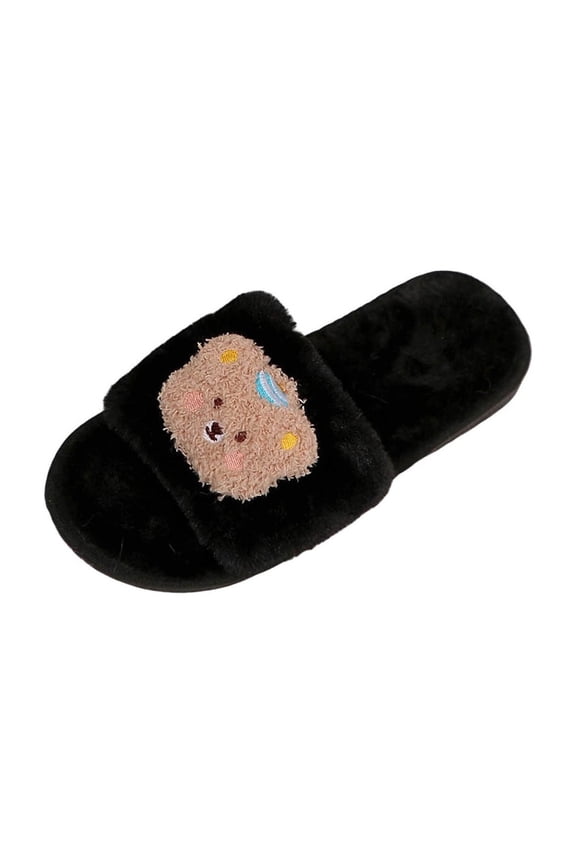 Black Female Open Toe Furry Slippers Roomy Fit For Fall And Winter Comfort Bear Print Sandals Great For Leisure Activities