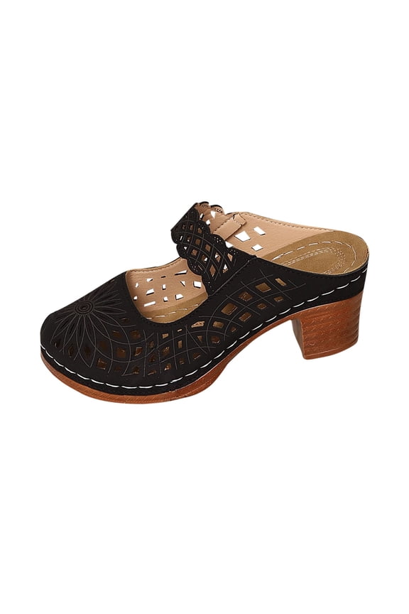 Black Female Outdoor Sandals With Open Toe And Middle Heel Design Comfortable For Spring And Summer Wear 7Cm Heel Height