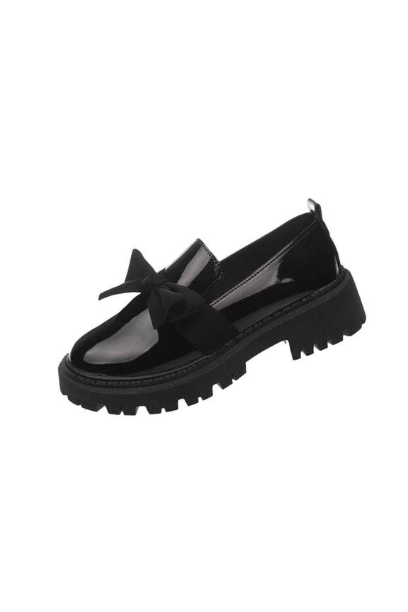 Black Female Patent Leather Bow Flat Loafers Autumn Winter Outdoor Shoes With Round Toe And Comfortable Fit