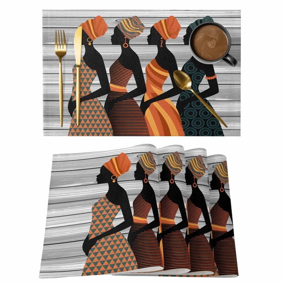Black Female Placemats Set of 4, African Women Geometric Abstract Art Placemats for Dining Table, Place Mats for Kitchen Tabletop, Waterproof Wipeable Dining Table Mats Set