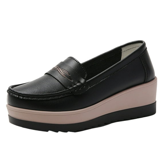 Black Female Platform Shoes With Wedge Heel Breathable Round Toe Comfortable For Daily Use