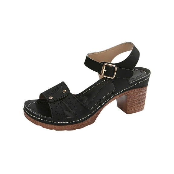 Black Female Relaxed Round Head Comfy Sandals With 7Cm Heel For Added Elevation And Comfortable Stride Suitable For Various Environments And All Day Use
