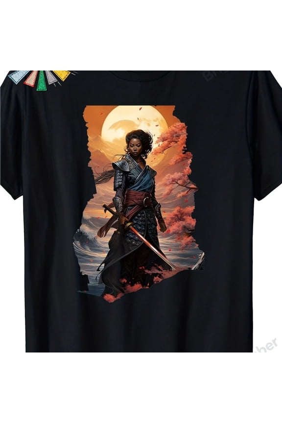 Black Female Samurai Warrior Graphic T-Shirt Cherry Blossom Japanese Art Tee