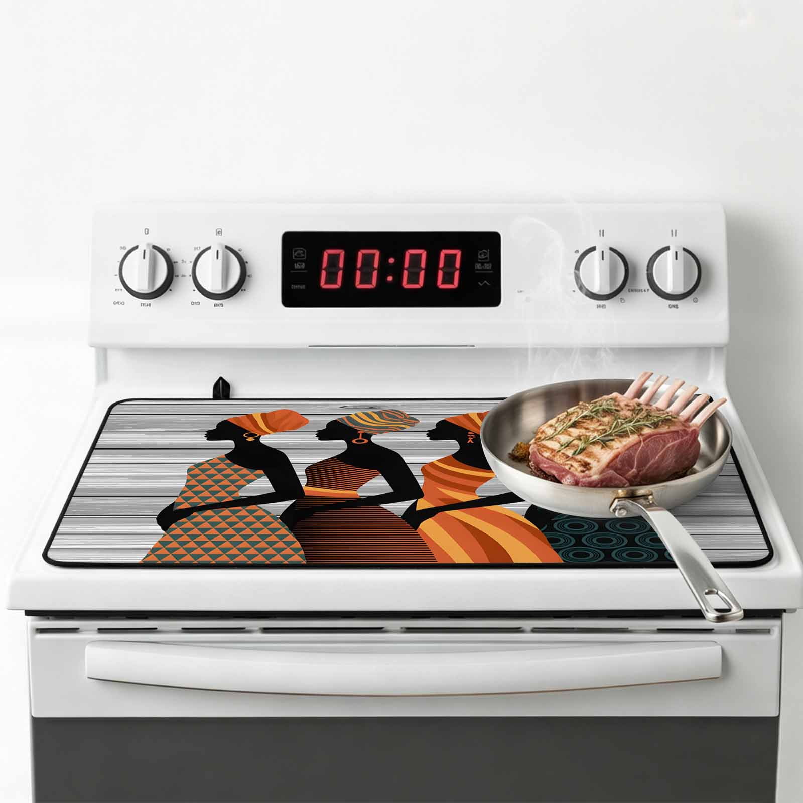 Black Female Stove Top Cover for Electric Stove, Heat-proof & Non Slip Glass Top Stove Cover Protector, African Women Geometric Abstract Art Kitchen Flat Cooktop Rubber Mat 24x21 Inches