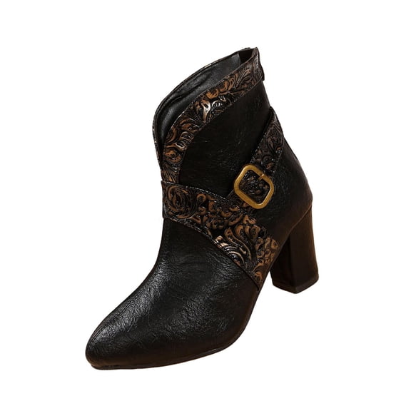 Black Female Stylish Carved Boots With Thick Heel Comfortable Mid-Calf Design For Seasonal Wear