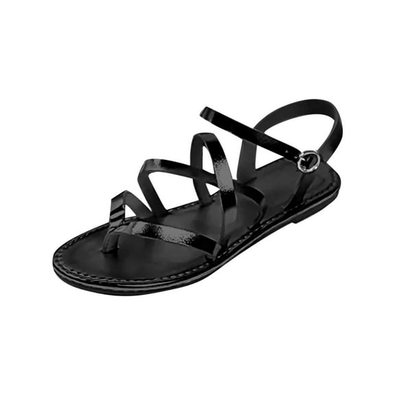 Black Female Summer Sandals With Buckle Detail For Beach And Casual Use Flat Sole Comfortable For Indoor And Outdoor
