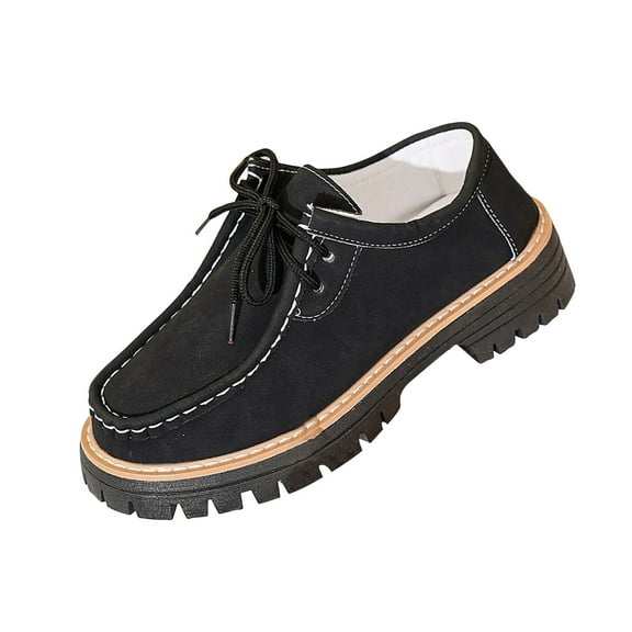 Black Female Versatile Shoes With Lace-Up Frosted Round Toe And Thick Heel Construction Ideal For Casual Outings And Comfortable Fit