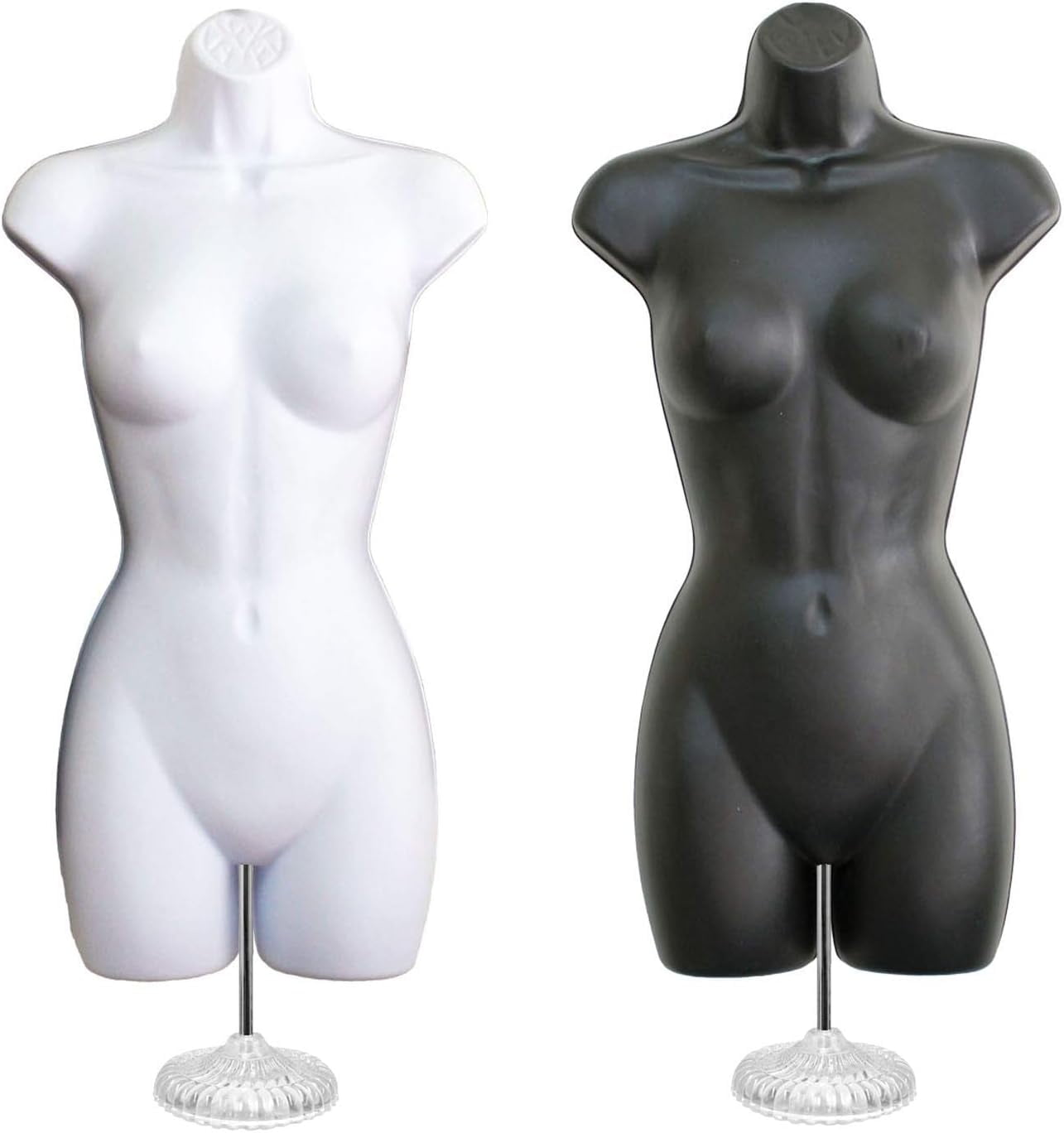 Black Female + White Female Dress Form Mannequin Hip Long Hollow Back Body Torso Set w/ Acrylic Stand with Metal Pole & Hanging Hook, S-M Sizes