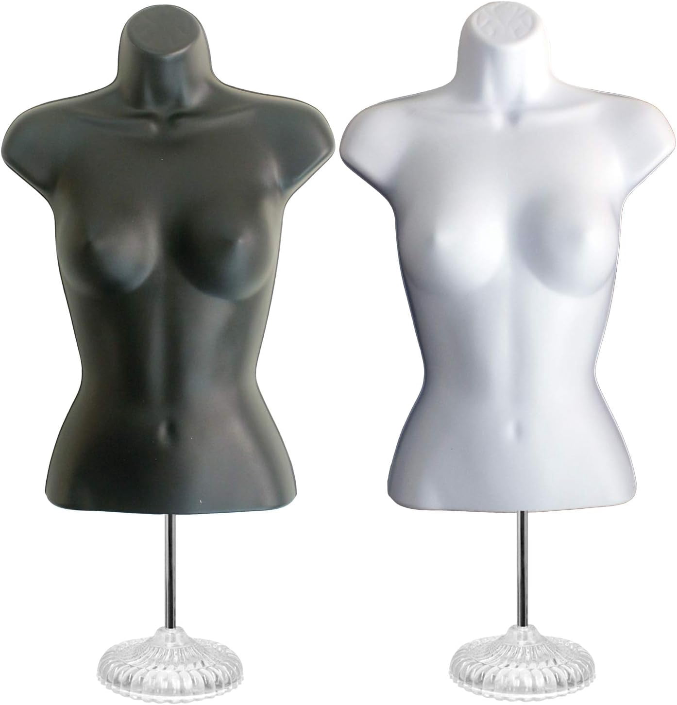 Black Female + White Female Hollow Back Mannequin Torso Set w/ Acrylic Stand with Metal Pole & Hanging Hook, S-M Sizes