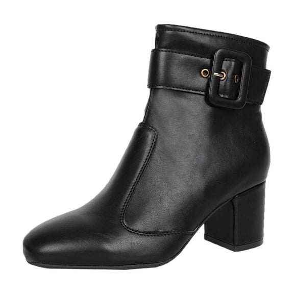 Black Female Winter Boots Ankle Height Square Toe Side Zipper Pu Material Mid Heel For Comfort