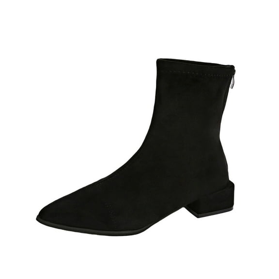 Black Female Winter Boots With Pointed Toe And Back Zipper Low Heel Construction Ideal For Cold Weather And Fashionable Appearances