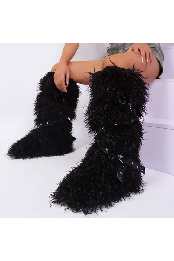 Black Female Winter Long Tube Boots With Soft Hairy Lining And Flat Heel For Cold Weather Comfort High Top Design Round Toe Lace Up Fastening Casual Wear