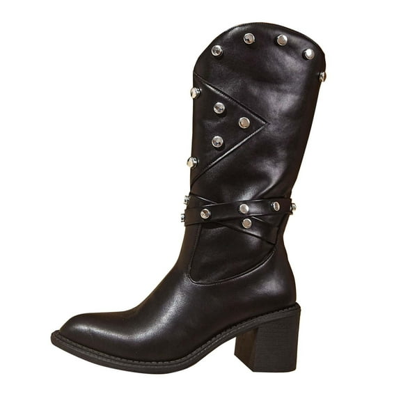 Black Feminine Casual Boots With A Chunky Heel And Pointed Toe Design Plus Buckle For Versatile Styling