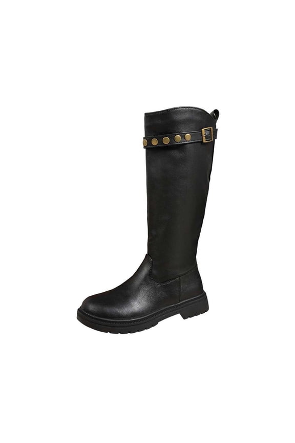 Black Feminine Casual Trendy Winter Long Boots With Round Toe And Front Lace-Up For Daily Comfort