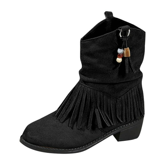 Black Feminine Chic Casual Winter Short Boots With Tassel Detail And Round Toe For Low Heel Support