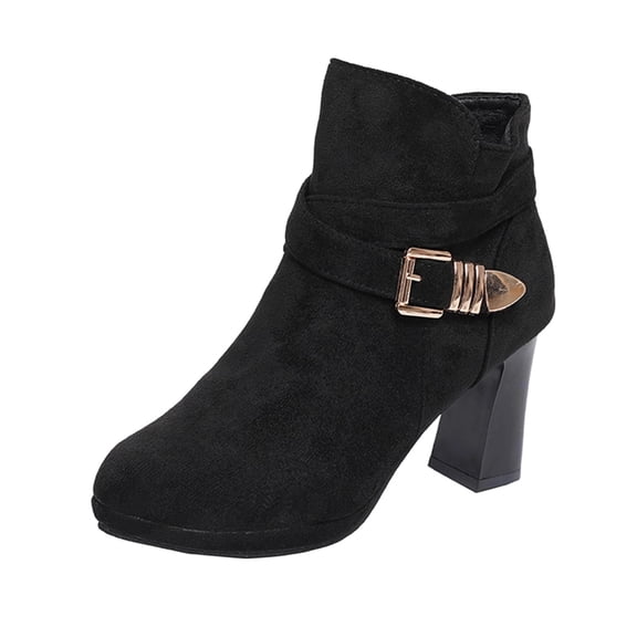 Black Feminine Fashion Leisure Winter Buckle Ankle Boots With Round Toe And Side Zipper For Daily Use