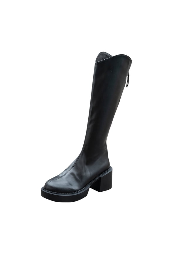 Black Feminine Knee-High Boots With Round Toe Back Zipper Thick Bottom And Low Heel For Winter Season Comfortable And Stylish