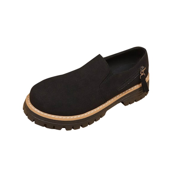 Black Feminine Loafers With Round Toe Shallow Mouth Flat Thick Bottom And Thick Heel For Everyday Comfort And Style