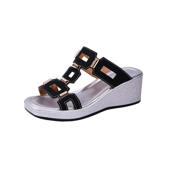 Black Feminine Peep-Toe Wedge Sandals One-Strap Soft-Soled For Beach Casual Plus Size Wear Pu