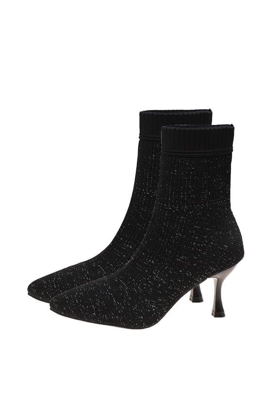 Black Feminine Stylish Winter Solid Color Flying Woven Stretch Knitted Toe Socks Boots High Heel Short Boots
