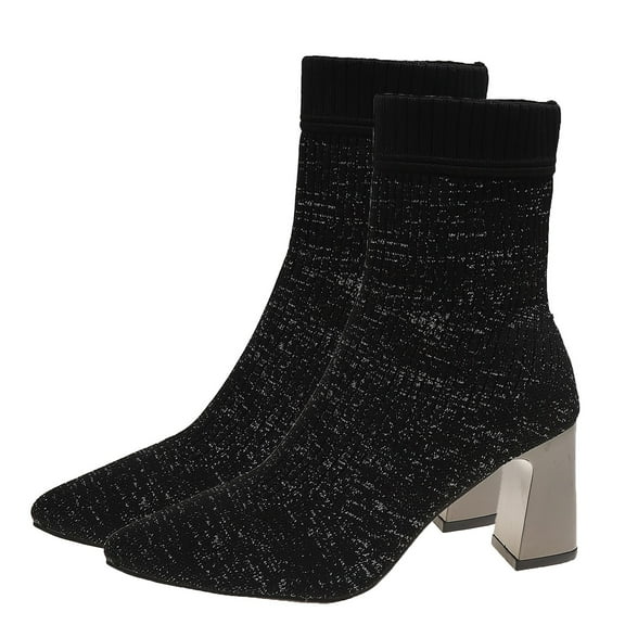 Black Feminine Stylish Winter Solid Color Flying Woven Stretch Knitted Toe Socks Boots Thick Heel High Heel Short Boots