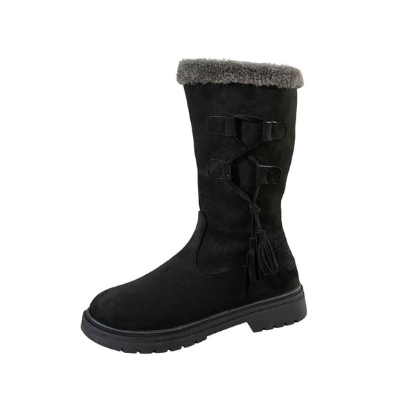 Black Fashionable Women'S Casual Winter Snow Boots Fleece Lined Warm Mid Calf Boots Round Toe Side Zipper Low Heel Comfortable For Outdoor Indoor Daily Wear Us Size 6.0 Weight 1.52 Lb