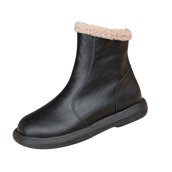 Black Feminine Warm Winter Solid Color British Inspired Thick Soled Furry Round Toe Side Zipper Ankle Footwear
