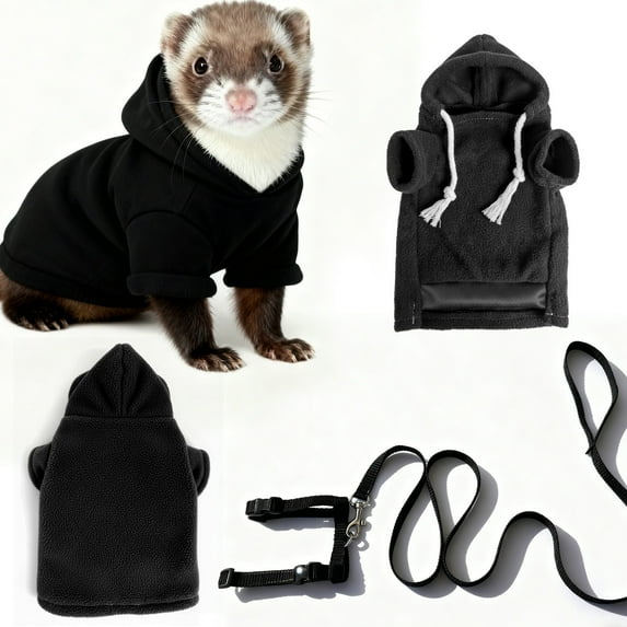 Black Ferret Sweater, Harness, and Leash Set - Clothes for Small Pets - Ferret Stuff and Accessories - Hoodies for Ferrets - Small Pet Accessories
