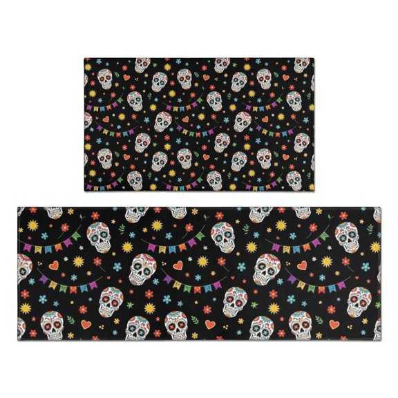 Black Festive Skull Pattern Kitchen Rugs Sets Of 2,Anti Fatigue Kitchen Mat Rugs Non Slip Washable,Decorative Kitchen Floor Mats for Kitchen,Sink,Laundry,17"x30"+17"x47"
