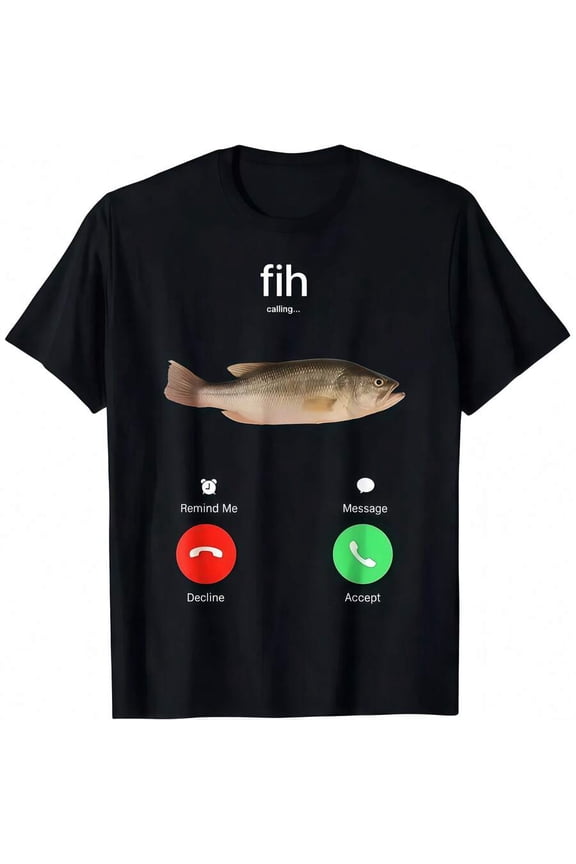 Black Fih Calling Fish Graphic T-Shirt With Remind Me Message Decline Accept Phone Interface Design