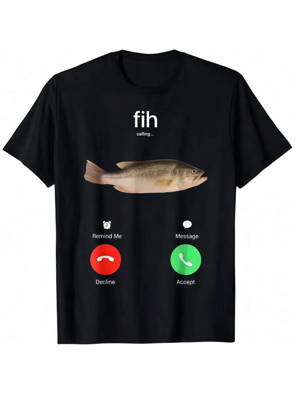 Black Fih Calling Fish Graphic T-Shirt With Remind Me Message Decline Accept Phone Interface Design
