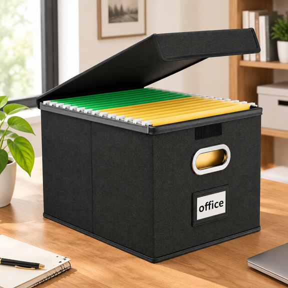 Black File Storage Box with Sliding Rails, Metal Handles, and Attached Lid for Office Documents