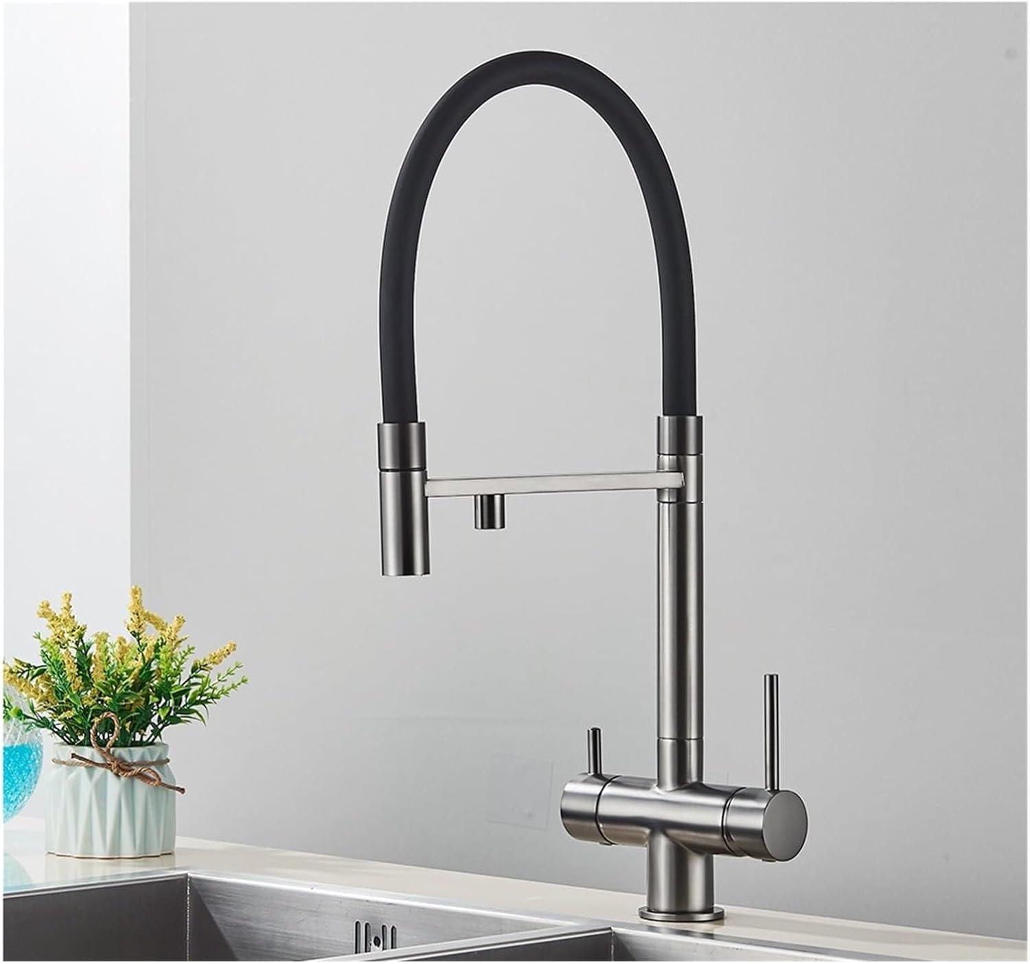 Black Filtered Kitchen Faucet Pure Water Pull Out Brass Sink Faucet