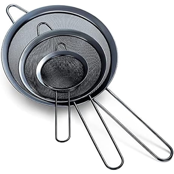 Black Fine Mesh Strainer 3 Pieces Set, Black Flour Sifter For Baking, Stainless Steel Clander, Matcha Tea Strainer, Gravy Separator, Stasher Sieve Pasta Strainers
