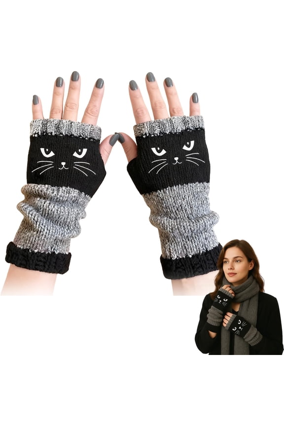 Black Fingerless Gloves - Womens Knitted Fingerless Gloves with Cute Cat Embroidery, Cat Embroidery Splicing Knitted Gloves, Warm and Cozy